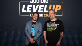 Author Matt Dinniman and audiobook narrator Jeff Hays attend the "Level-Up Lounge" activation in downtown San Diego on July 25, 2026.
