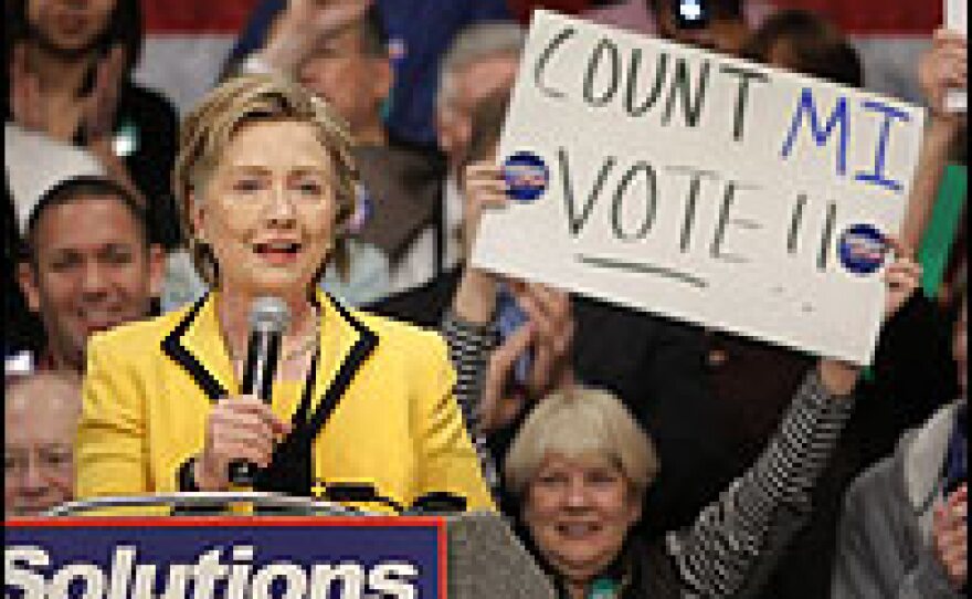 Sen. Hillary Clinton speaks at an American Federation of State, County, and Municipal Employees meeting in Detroit.