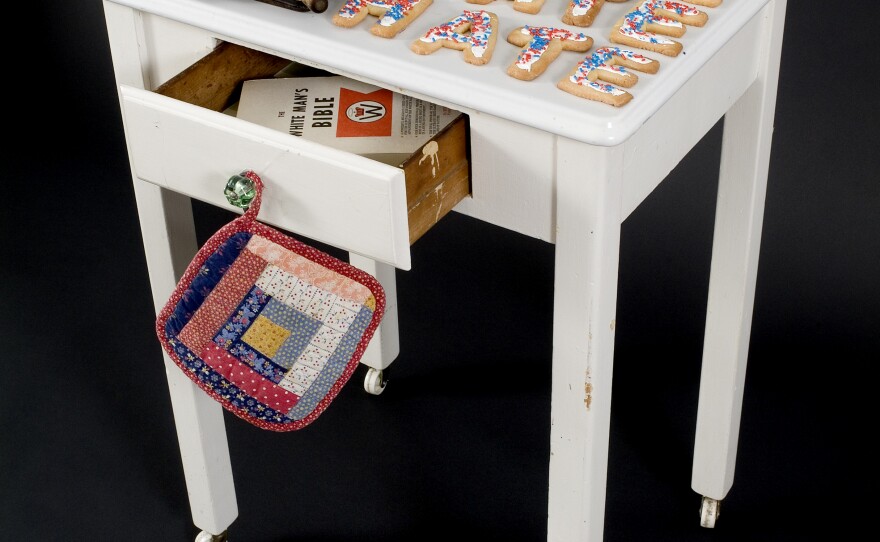 An art installment from the exhibit, "Speaking Volumes: Transforming Hate" at the Lawrence Family Jewish Center.