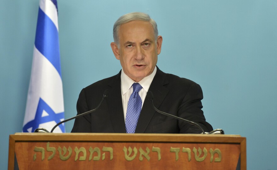 A photo released by Government Press Office shows Israeli Prime Minister Benjamin Netanyahu as he delivers a statement on April 3 "strongly opposing" the framework deal.