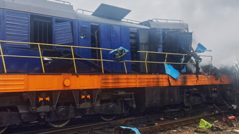 In this photo provided by the Ukrainian Ukrzaliznytsia Railway Company Press Office, a locomotive damaged in a Russian drone attack is seen at Yahodyn railway station near Ukraine's border with Poland, Ukraine, Sunday, Sept. 13, 2026.