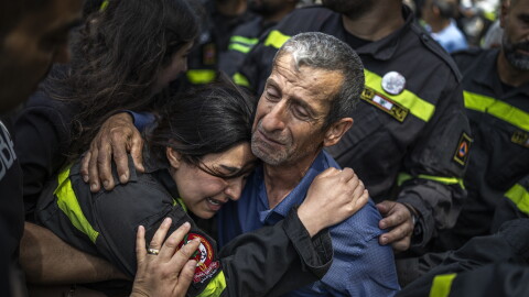 The father of Hussein Jaber, who was killed in an Israeli strike on Nabatieh, in southern Lebanon, on May 12, cries during the funeral ceremony in Sidon the following day.