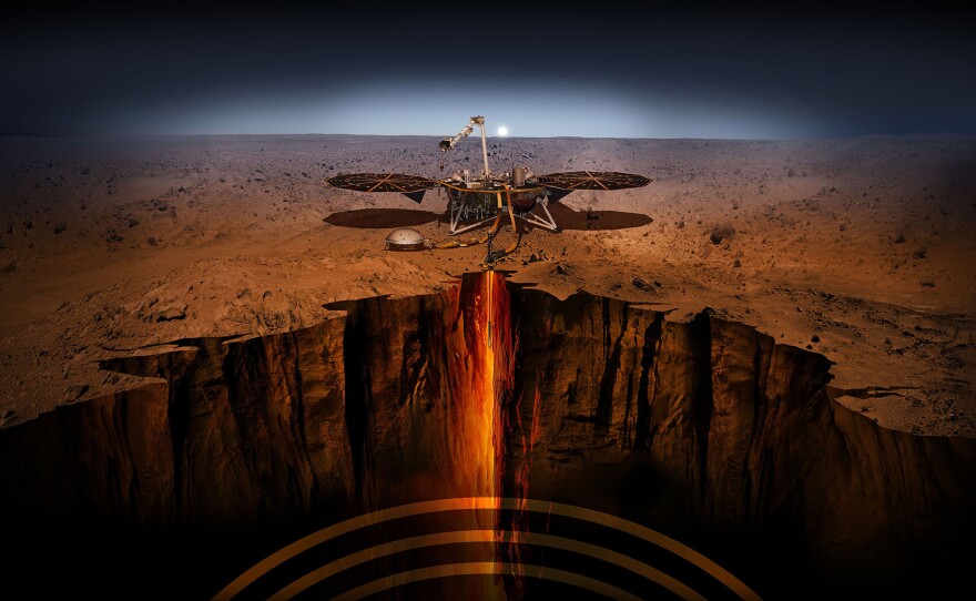 An artist's depiction of InSight — short for Interior Exploration using Seismic Investigations, Geodesy and Heat Transport. The spacecraft has been designed to give Mars its first thorough checkup since the red planet formed, about 4.5 billion years ago.