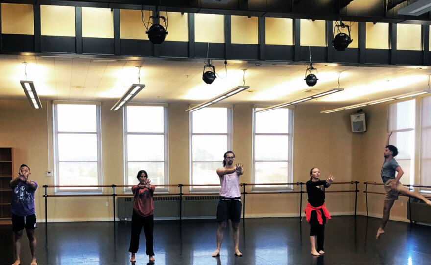 Dancers are shown rehearsing choreographer Lavina Rich's "Cul de Sac Prayer," which will be performed Oct. 7-9, 2022 at the Mingei and Oct. 21-23 at Liberty Station.