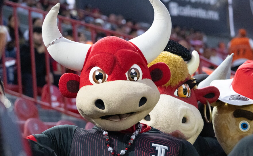 Tijuana Toros mascots pose at the Toros Mobil Park in Tijuana, Mexico, July 31, 2026.