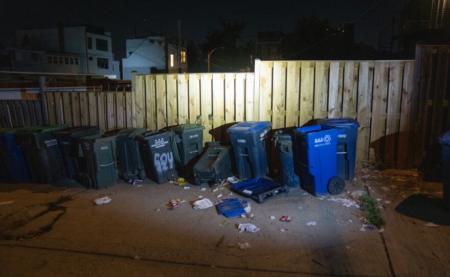 Open trash and recycling bins sit in an alley in Park View attracting rats.