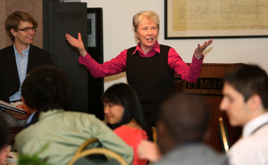 Harvey Mudd College President Maria Klawe talks to a group of newly admitted students on the campus in Claremont, Calif. Klawe has had a great deal of success getting more women involved in computing.