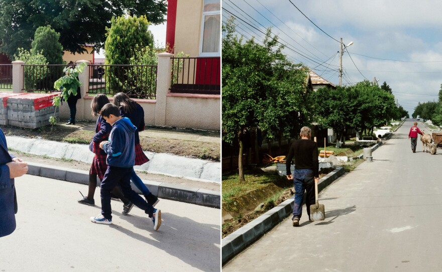 Ion Aliman, the mayor of Deveselu, Romania (left). Behind him, students walk toward a school rebuilt with U.S. funding. In the photo on the right, roadwork takes place in advance of last week's ceremony inaugurating a U.S. Navy facility just outside the town.