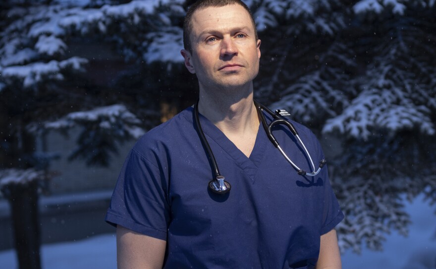 Michael Bakker, a physician assistant at Southcentral Foundation, at Merrill Field airport in Anchorage, Alaska. Bakker is the primary advanced care provider for 8 remote Alaska Native communities, including the village of Tyonek, which he visits by bush plane 6 times a year. He has recently made two visits to the communities to administer the Covid-19 vaccine.