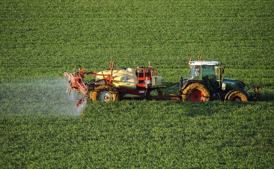 A farmer sprays a chemical fertilizer containing nitrogen on a wheat field in southern France. Nitrogen fertilizers are a known source of greenhouse gases and water pollution all over the world.