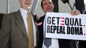 Nowlin Haltom (left) and Michael McKeon join other same-sex couples in a national "Request Marriage" action this Valentine's Day outside the Los Angeles County Clerk's Office. The couples requested and were refused marriage licenses.
