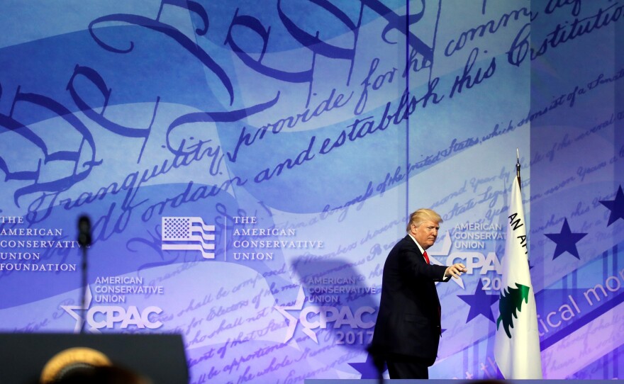 President Donald Trump departs after speaking at the Conservative Political Action Conference on Friday, Feb. 24, 2017, in Oxon Hill, Md.