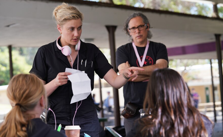 Director/writer Greta Gerwig and cinematographer Rodrigo Prieto on the set of <em>Barbie.</em>