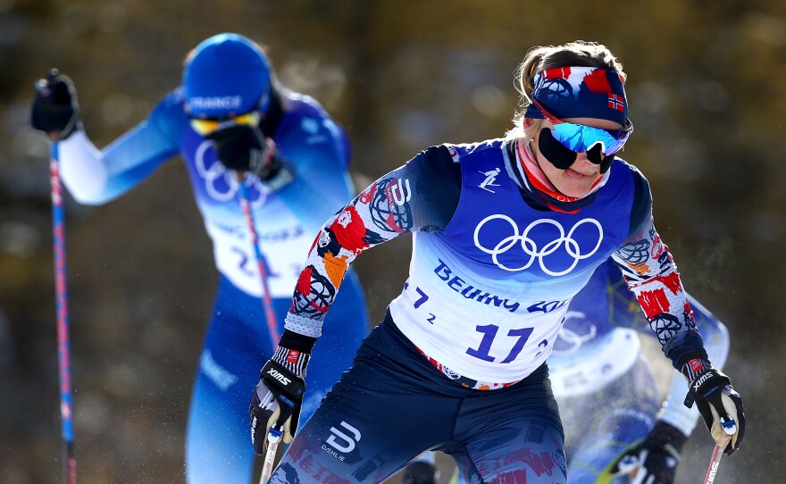 Maiken Caspersen Falla of Team Norway competes during the Women's Cross-Country Team Sprint Classic Semifinals at the Beijing 2022 Winter Olympics on February 16, 2022.