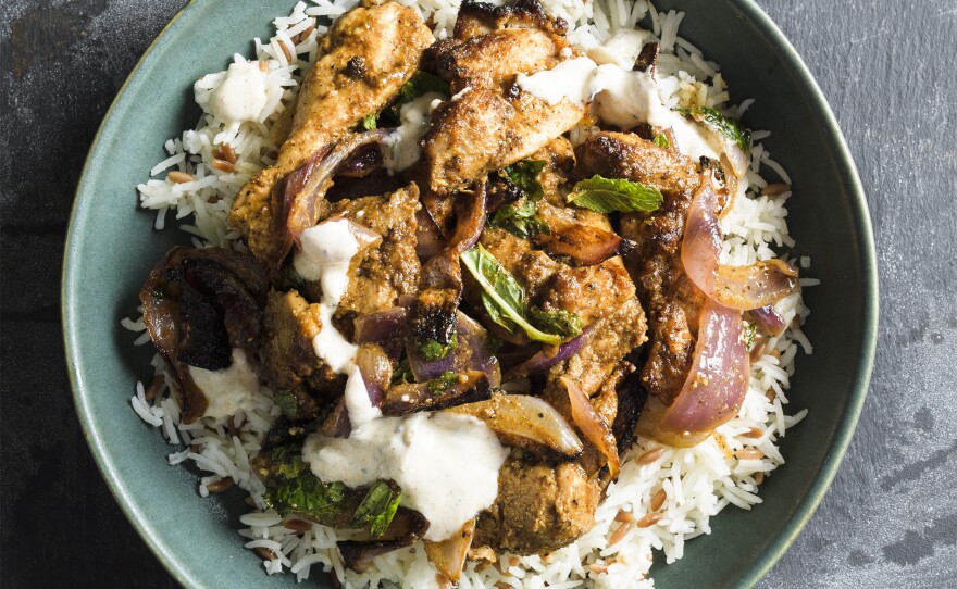 Chicken Shawarma that uses the intense heat of the broiler to char chicken thighs and onion slices.