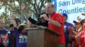 Mayor Bob Filner and City Council candidate Myrtle Cole at a Cesar Chavez Day rally.