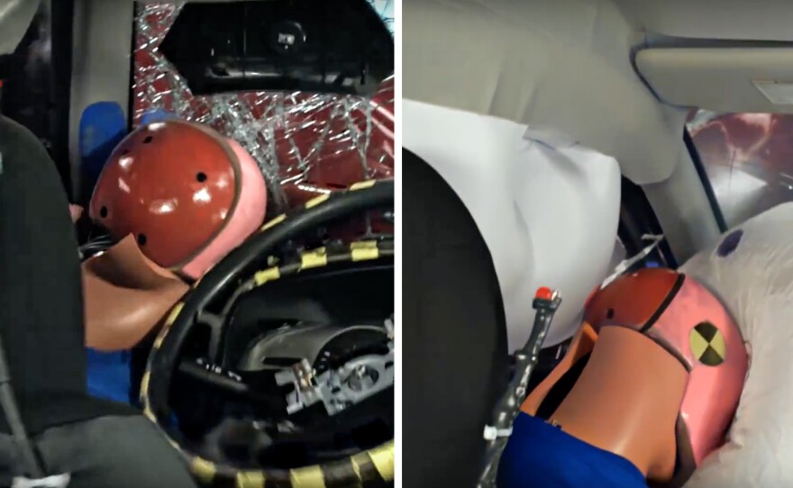 In a crash test, Mexico's lowest-priced Nissan (left) collided with America's least expensive Nissan. The dummy's face hit the steering wheel in the Mexican model. Airbags in the American model softened the blow.
