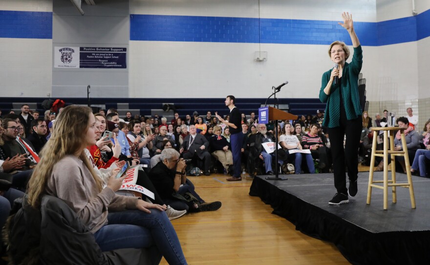 Democratic presidential candidate and Massachusetts Sen. Elizabeth Warren speaks during a town hall on Sunday in Des Moines, Iowa.