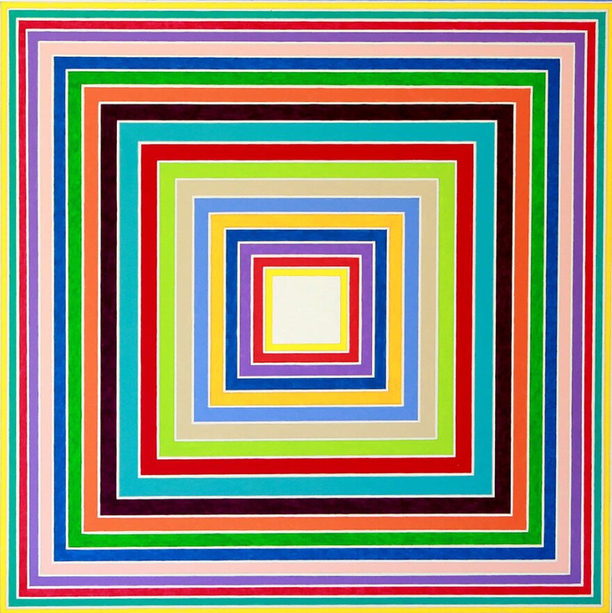 In a painting, brightly colored squares of decreasing sizes appear to be stacked inside each other like a box.