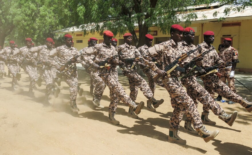 Chadian red berets on parade at the closing ceremony in Ndjamena, Chad of Flintlock 2017, US military-led counterterrorism exercises involving forces from 27 countries.