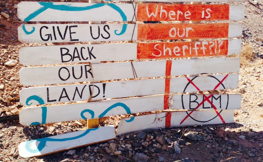 A sign on the highway just outside Cliven Bundy's Bunkerville, Nev., ranch. The federal government has completely pulled out of the area.