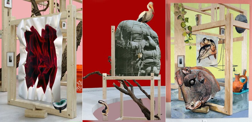 Three works of art by Carlos Castro Arias from his forthcoming solo exhibition, "The Splinter in the Eye," are shown side-by-side.