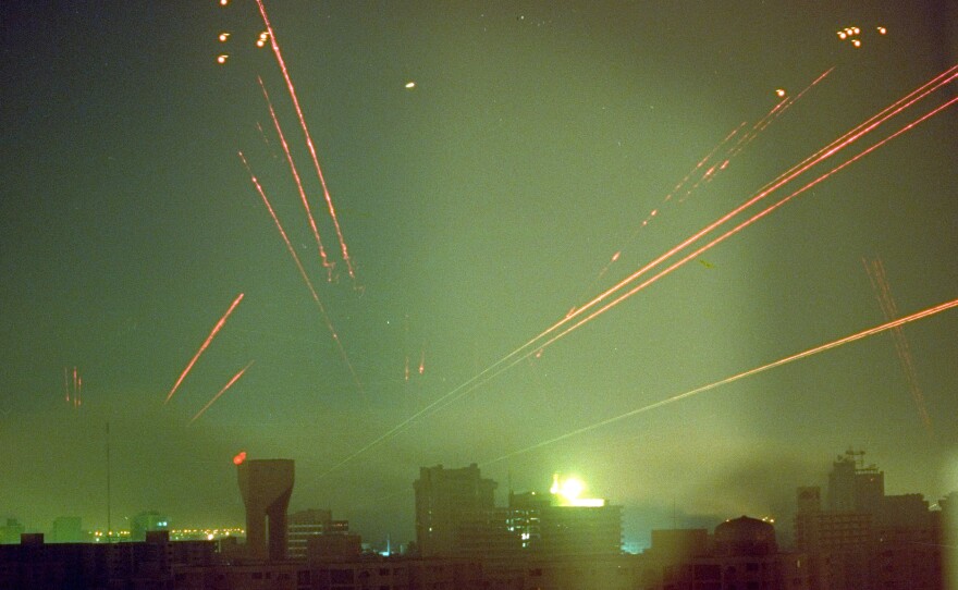 Iraqi antiaircraft fire lights up the skies over Baghdad in response to U.S. warplanes that bombed the Iraqi capital in the early hours of Jan. 18, 1991. The U.S. campaign drove the Iraqis out of Kuwait in a little over a month.