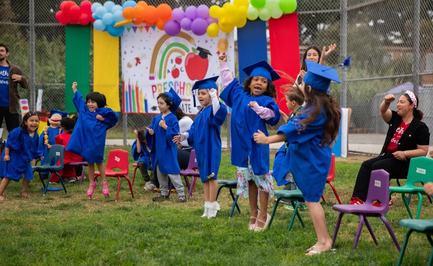 Students perform a song during a graduation ceremony at Mi Escuelita in San Diego on June 11, 2025.