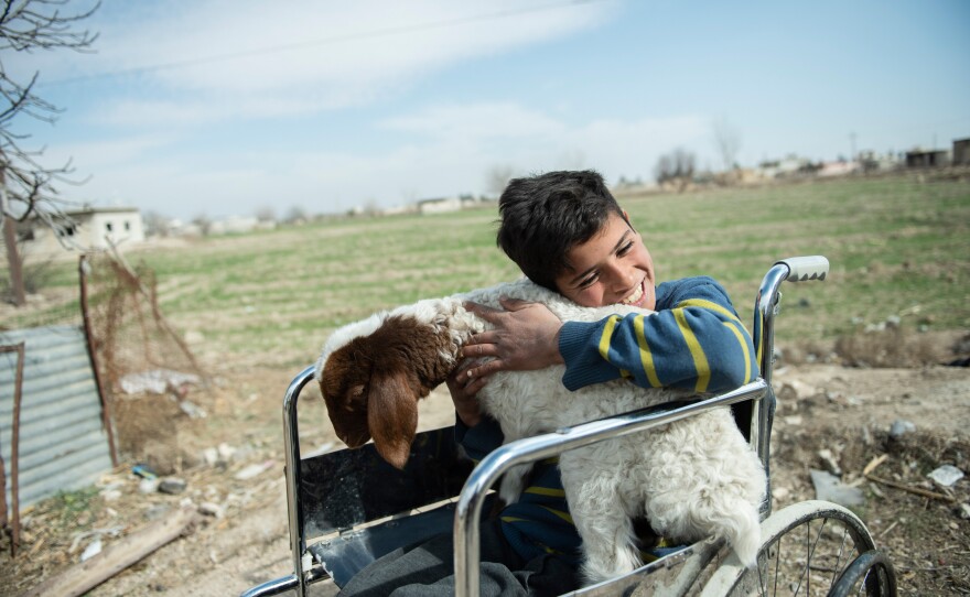 Azzam, 12, lost his leg when a bomb hit the building where he was sheltering with his family in Syria. They now live in a rural area outside of Damascus, where he finds happiness and peace in caring for the farm animals after school. The photo is from Feb. 21, 2022.