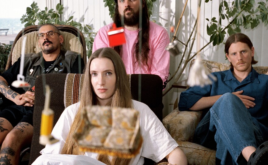 Dry Cleaning. Front, center: Florence Shaw. Rear, from left: Guitarist Tom Dowse, bassist Lewis Maynard and drummer Nick Buxton.