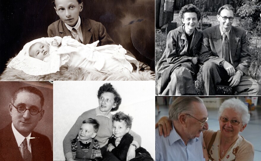 Lilli Tauber, a survivor of the Holocaust (clockwise): Lilli as a baby with her brother Eduard Schischa in 1927; Lilli and her husband, Max Tauber, in 1954; Lilli and Max in 2009; Lilli and her sons Willi and Heinz in 1959; Harry Watts, Lilli's friend and benefactor who helped her and other Jewish children emigrate to England after Kristallnacht.