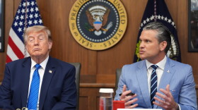 Defense Secretary Pete Hegseth speaks alongside President Donald Trump during a cabinet meeting, Friday, July 31, 2026, at Camp David, the presidential retreat, near Thurmont, Md., Friday, July 31, 2026.