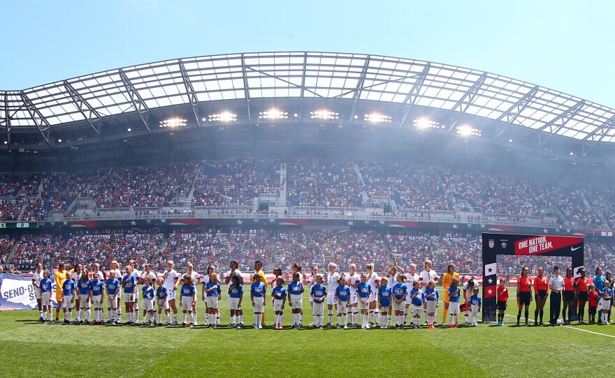 The U.S. women stand for the national anthem ahead of an international friendly with Mexico late last month before heading to France for the FIFA Women's World Cup, which kicks off today.