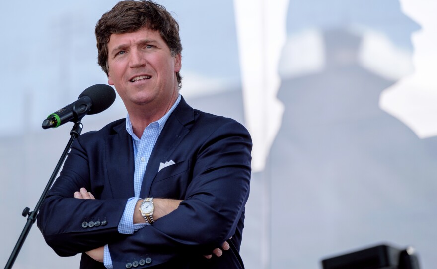 Tucker Carlson speaks at a convention in Esztergom, Hungary on August 7, 2021.