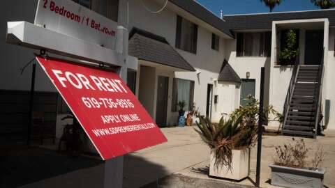 A "For Rent" sign stands outside of an Oceanside housing unit, Sept. 8, 2025.