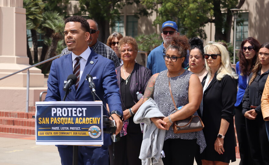 Shane Harris, a civil rights activist and graduate of San Pasqual Academy, speaks outside the San Diego County Administration Center on Monday, May 18, 2026.
