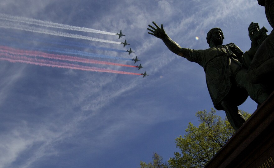 Russian army planes fly over the Red Square during the Victory Parade.