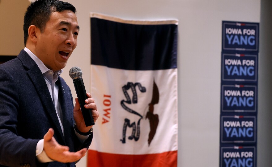 Democratic presidential candidate Andrew Yang holds a town hall meeting at Cox-Snow Recital Hall at Central College in Pella, Iowa, on Saturday — part of a 17-day bus tour through the state.