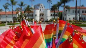 Flags in support of gay marriage are pictured in front of San Diego State University.