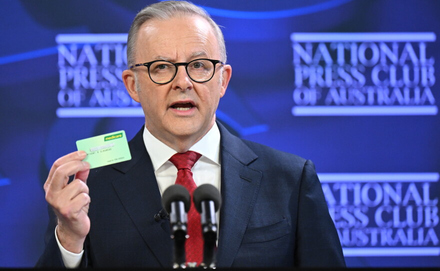 FILE - Australian Prime Minister Anthony Albanese addresses the National Press Club in Canberra, Australia, on, April 30, 2025.