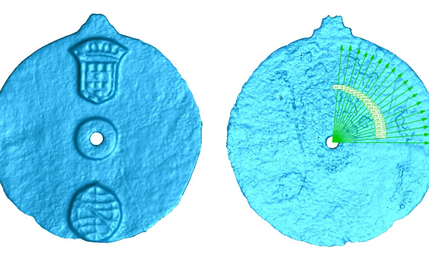 A scans of the astrolabe reveal not only the emblems on its face (left) but also the degree markings (right) that would have aided sailors in navigation.