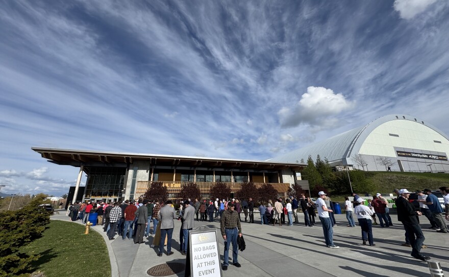 People stand in line outside the Idaho Central Credit Union Arena at the University of Idaho on April 28 for the last stop on Turning Point USA's This is the Turning Point Tour of college campuses.