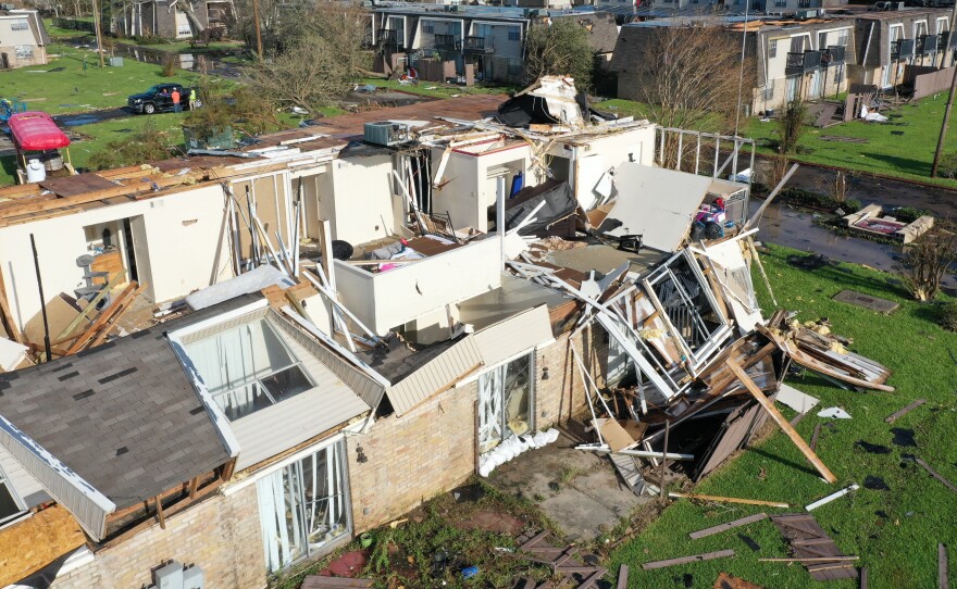 An aerial view from a drone shows a damaged apartment complex on Saturday in Lake Charles, La. The area took a direct hit.