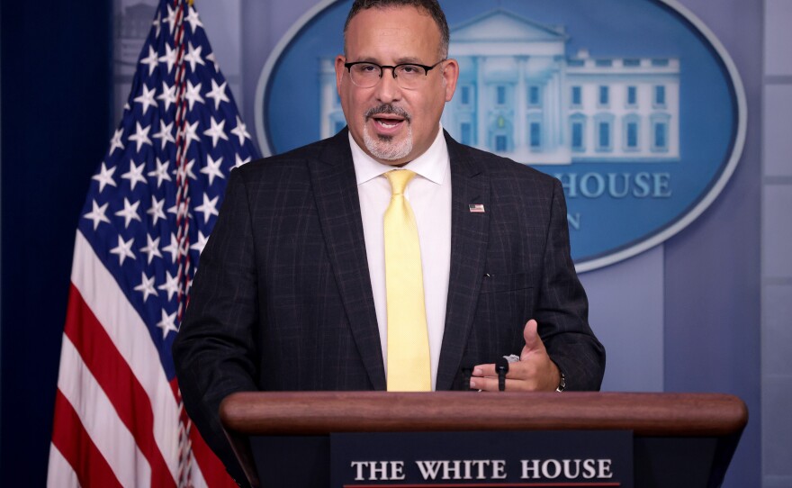Secretary of Education Miguel Cardona answers questions during the daily briefing at the White House Aug. 5, 2021, in Washington, D.C.