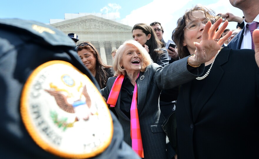 Edie Windsor, the plaintiff in the case that challenged the constitutionality of DOMA, greeted supporters outside the Supreme Court in March, after the court heard arguments in the case.