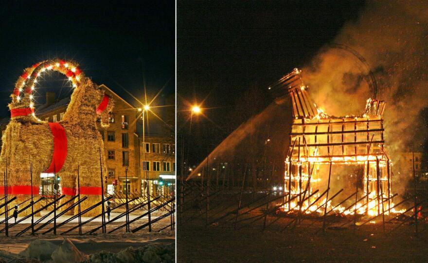 A composite photo of the Christmas goat shows the before and after it was torched by vandals in Gavle, Sweden, on Dec. 21, 2004.