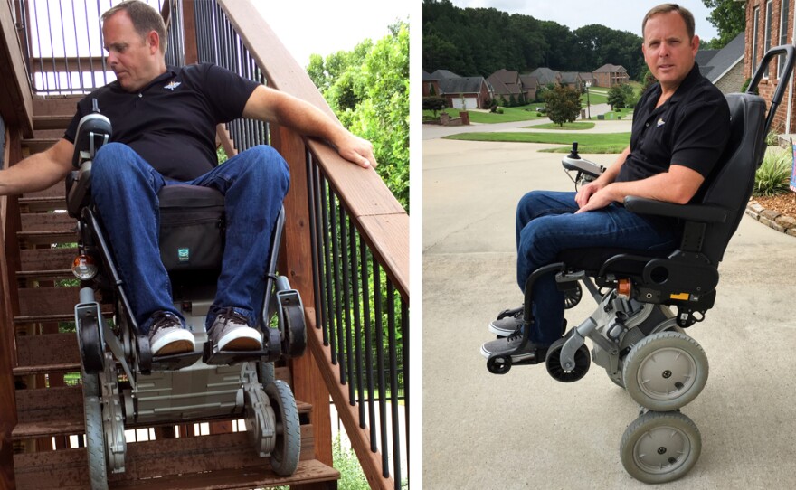 Gary Linfoot was paralyzed by a helicopter crash in Iraq. He's one of the few veterans still using an iBOT, which allows him to rise up to eye level using Segway-style balancing technology. The wheelchair was discontinued in 2009, but may soon be reissued.