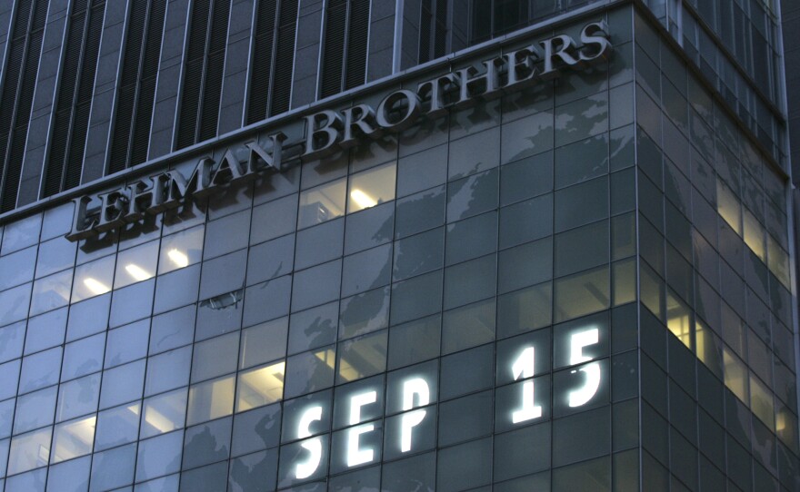 Lehman Brothers world headquarters is shown in New York on Sept. 15, 2008, the day the 158-year-old investment bank, choked by the credit crisis and falling real estate values, filed for bankruptcy.