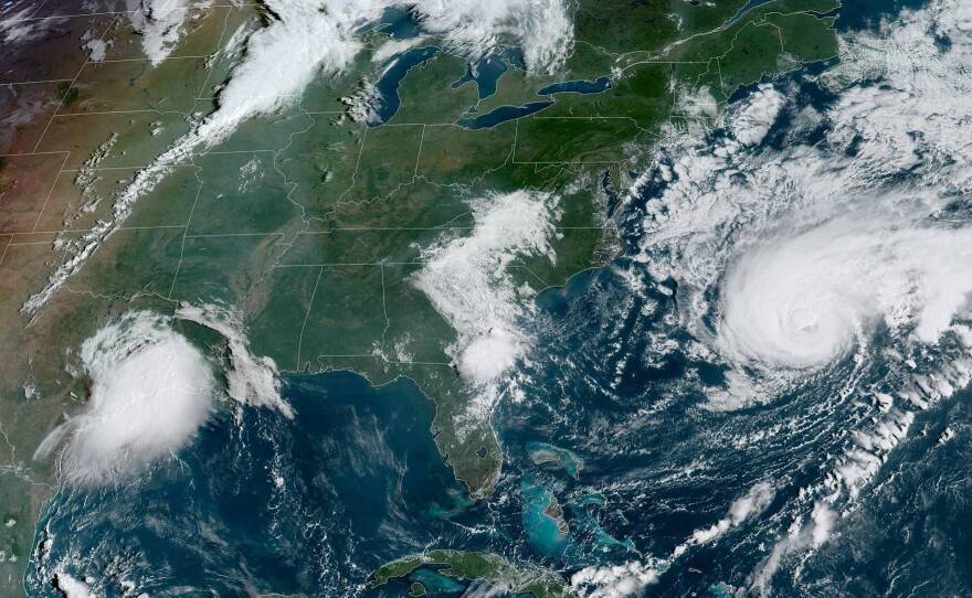 Parts of Texas and Louisiana are under flash flood warnings from Tropical Depression Imelda. Out in the Atlantic, Hurricane Humberto is forecast to pass close to Bermuda.