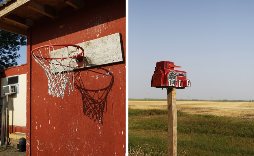 Left: The basketball hoop outside Angel's family's mobile home. Right: A mailbox by the road in Minto.